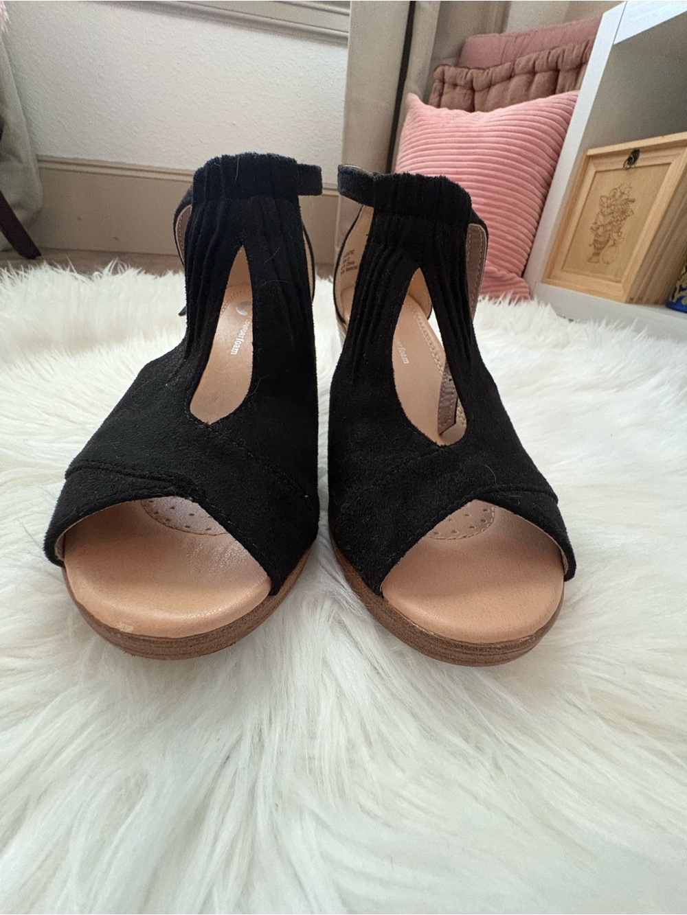 Women’s Black Suede Open-Toe Wedge Sandals with Ankle Detail